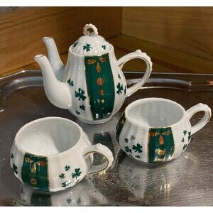 Miniature Green & White Shamrock Porcelain Tea Cups and Pot " Tea for Two"